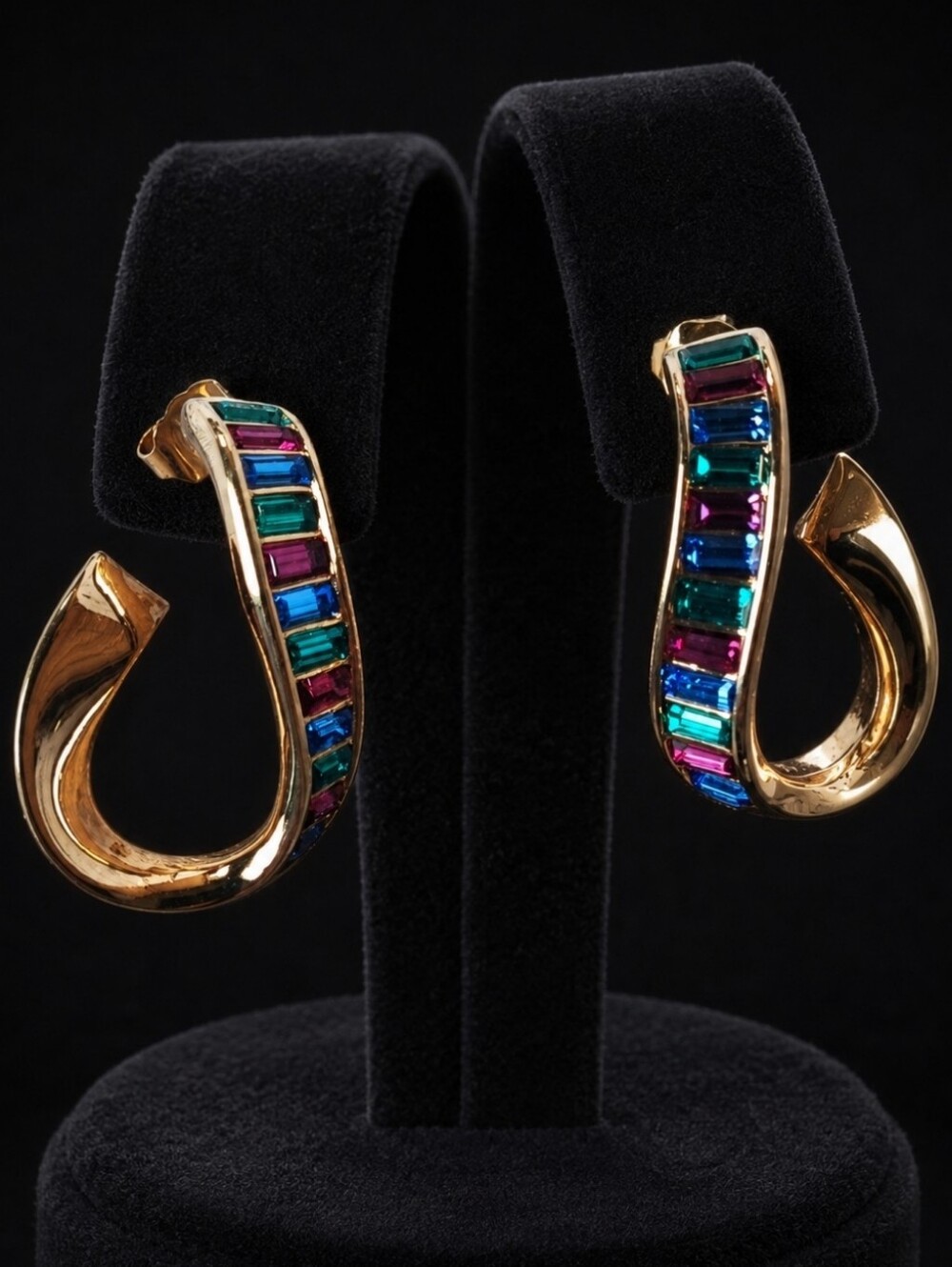 Swarovski Signed Baguette Multi Color Rhinestone Curled Gold Tone Hoop Earrings